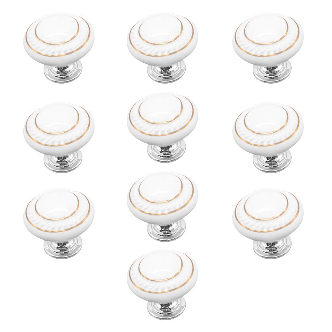 Ebeta 10 x Ceramic Door Handles and Knobs Furniture Knobs (Double Gold Circle - White)