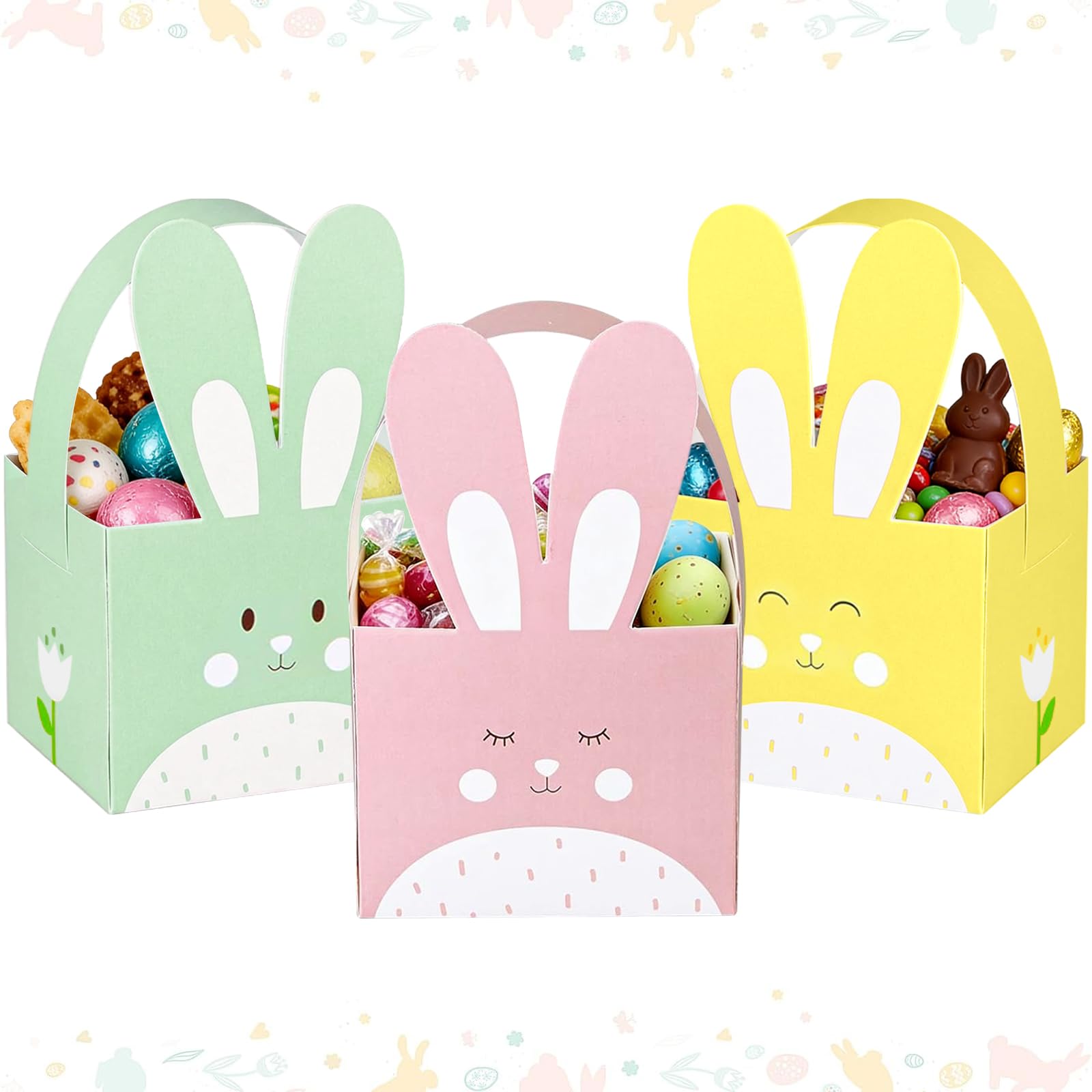 Whaline 24pcs Easter Treat Boxes Happy Easter Gift Box with Handle Cute Bunny Rabbit Easter Basket Containers Rabbit Shape Candy Goody Cookie Box Holder For School Classroom Party Favor Supplies