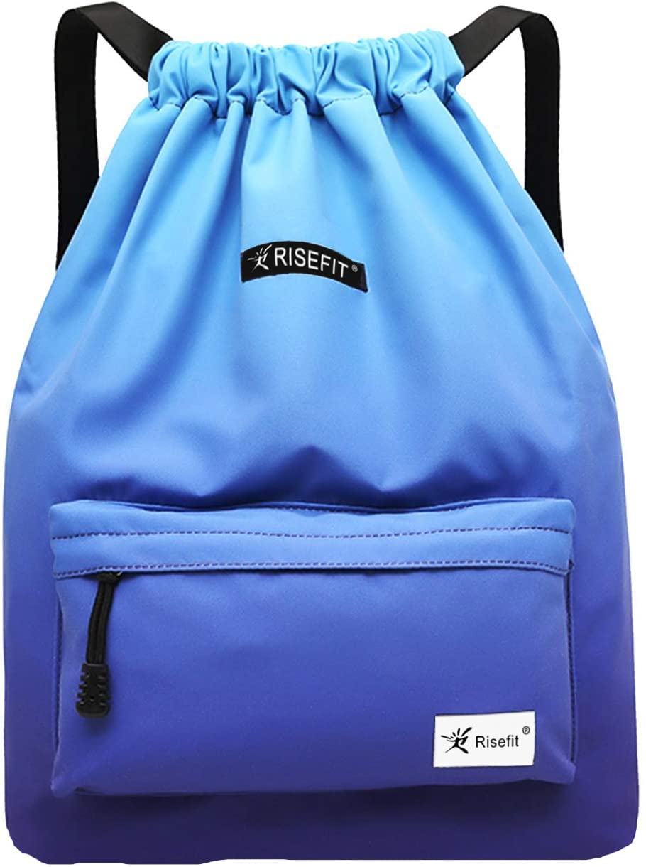 Risefit Waterproof Drawstring Bags, Printed Gym Sackpacks Bags Sports Backpacks for Shopping Swimming Yoga for Men Women Girls Students (Light Blue)