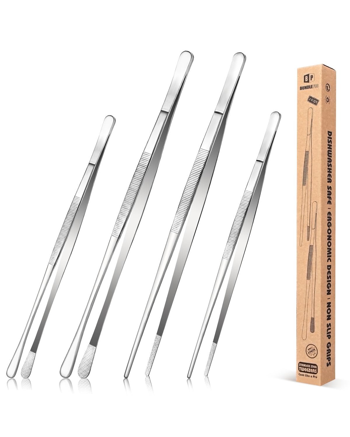 View 1 of 4 Pcs Fine Long Tweezer Tongs Professional Silver, 12'' and 10'' Stainless Steel for Kitchen, Food, Cooking, Repairing, Sea food and BBQ