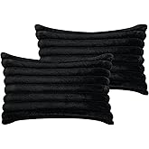 20" x 12" Black Throw Pillow Covers Pack of 2, Soft Fluffy Faux Fur Decorative Pillows for Couch, Bed Cover with Velvet Back for Living Room, Home Décor for Sofa (50cm x 30cm, No Inserts Included)