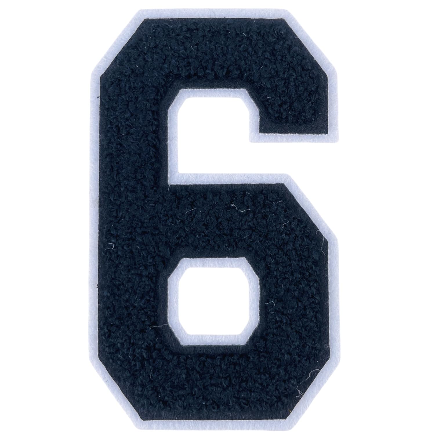 Photo 1 of 1 Pcs 5.0" Black Chenille Number Patches with White Border, Iron On Appliques for Clothing, Jackets, Backpacks Varsity Style Large Number Patches Pair with Varsity Letter Patch (Black 6)