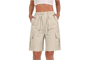 Oplxuo Cargo Shorts Women High Waisted Drawstring Wide Leg Knee Length Bermuda Shorts Summer Casual Loose with 4 Pockets