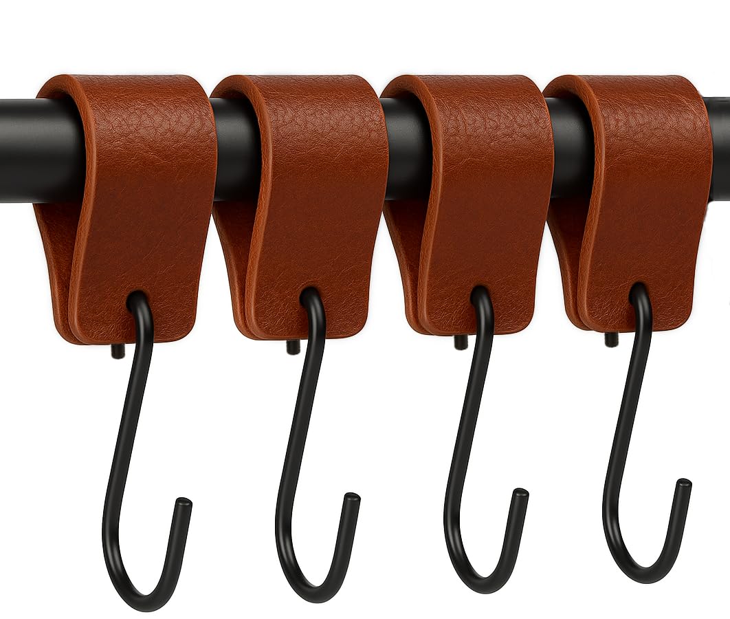 Brute Strength - Multifunctional Leather S-Hooks - Cognac - 4 Pieces - Coat Hook - for Kitchen, Bathroom, Bedroom and Office — image 1