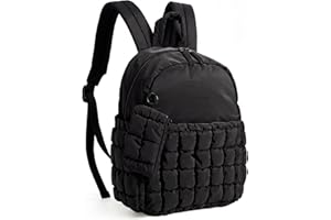 BAGSMART Mini Backpacks for Women, Puffy Checkered Quilted Small Backpack with Pouch, Lightweight Daypack Purse, Water-Resistant Bookbag for Daily Travel College, 2-in-1 Set, Black