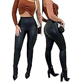 CHICME Womens Stretch Faux Leather Pants High Waist Curved Fleece Lined Tights Pants PU Leather Leggings
