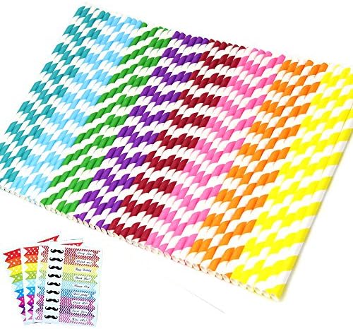 APLANET 200pcs Paper Drinking Straws Drinking Decoration Straw, Rainbow Stripe Paper Straw, for Party Holiday Celebration and Gathering, with 3 colorful straw stickers