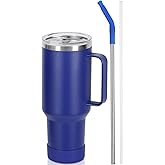 Temolulu 40 Oz Tumbler with Handle and Straw, Stainless Steel Double Wall Vacuum Insulated Cup, 40 OZ Travel Coffee Mug Bulk with Silicone Water Bottle Boot(Blue)