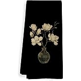 XNXLDYLH Vintage Black White Floral Kitchen Towels, Botanical Dark Cottagecore Aesthetic Kitchen Decor, Mid Century Modern Floral Decor Decorative Dish Hand Tea Towels for Bathroom Kitchen, 16x24 Inch