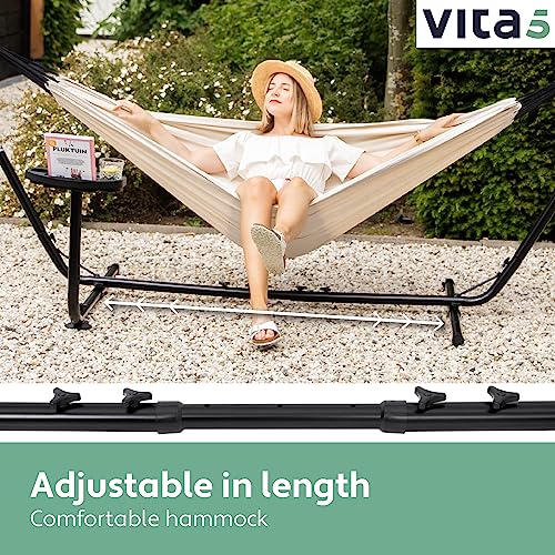 Vita5 Hammock with Stand - Adjustable Frame 290-330cm - Large 80% Cotton 20% Polyester Hammock for Garden, Patio, Balcony and Camping - Portable with Carry Bag