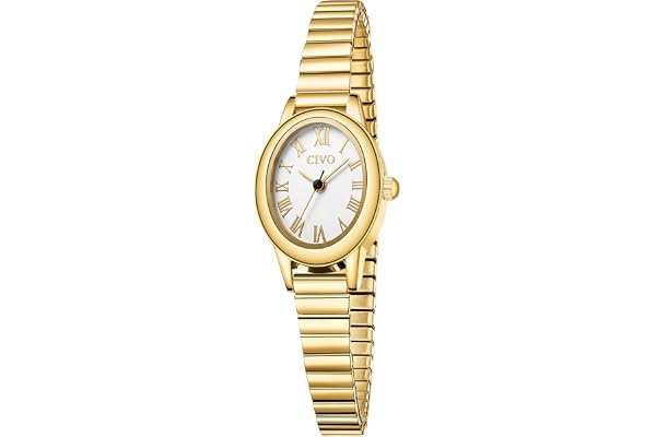 CIVO Dainty Gold Watches for Women: Small Oval Roman Numeral Dial Vintage - Stainless Steel Expansion Band - Dress Watch for