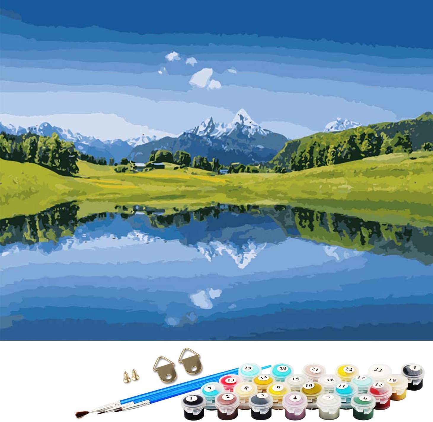 ABEUTY DIY Paint by Numbers for Adults Children, Grassland Trees River Mountain Plant 16x20 inches Number Painting Art Therapy (No Frame, Glacier)