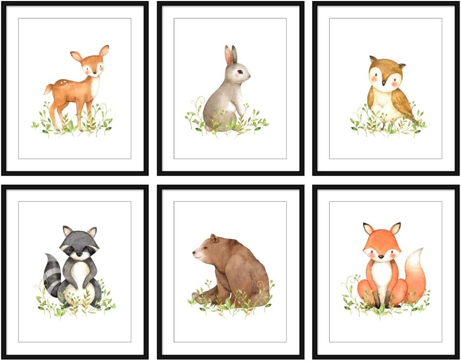 Bestbuddy Pet Set of 6 (8X10) Unframed Woodland Animals Deer Bunny Owl Raccoon Bear Fox Nursery Art Prints Set Kids Baby Boy Girl Room Wall Decor BBPAP005d