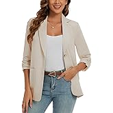 MINTLIMIT Womens Casual Cotton Linen 3/4 Ruched Sleeve Notched Lapel Work Button Front Blazer Jacket Coat (Beige, Size S)