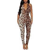Women's Halter Bodycon Black Jumpsuits - One Piece Backless Leopard Summer Casual Workout Club Pants Rompers Outfits Catsuits
