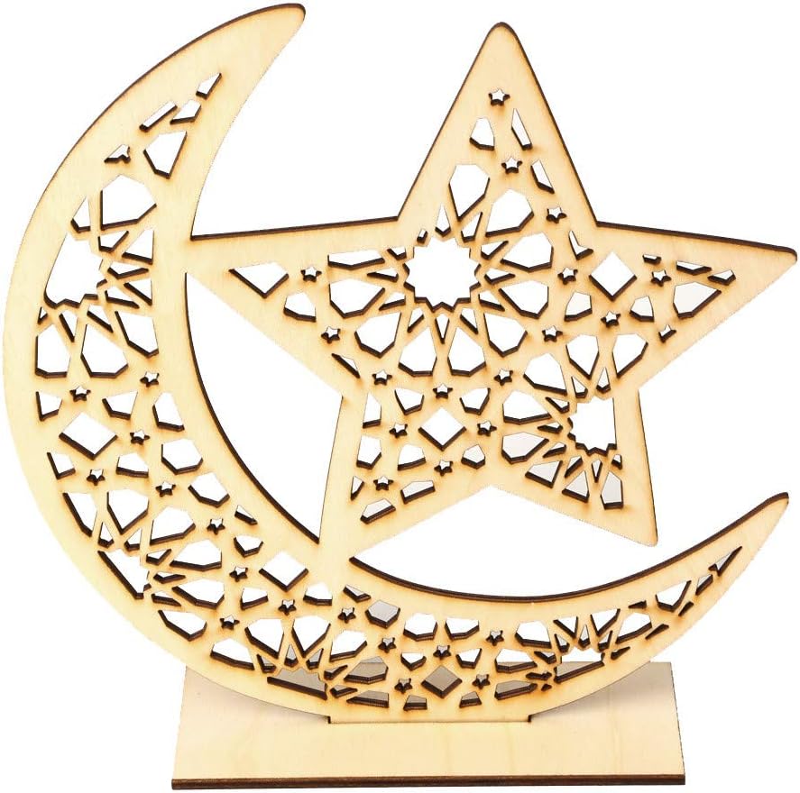 GJK-SION Eid Mubarak Ramadan Wooden Plaque Home Ornament Muslim Islam Hanging Pendant Translucidus Moon Decor (A)