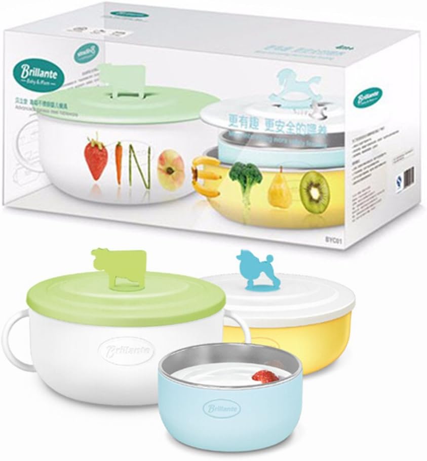 Haier Brillante Stainless Steel Baby Feeding Bowl Set, Baby Food Snack Bowls Set with Lids & handles BPA Free for Baby, Toddler and Kids, Pack of 3, 2 of 300ML/10oz, 1 of 500ML/17oz