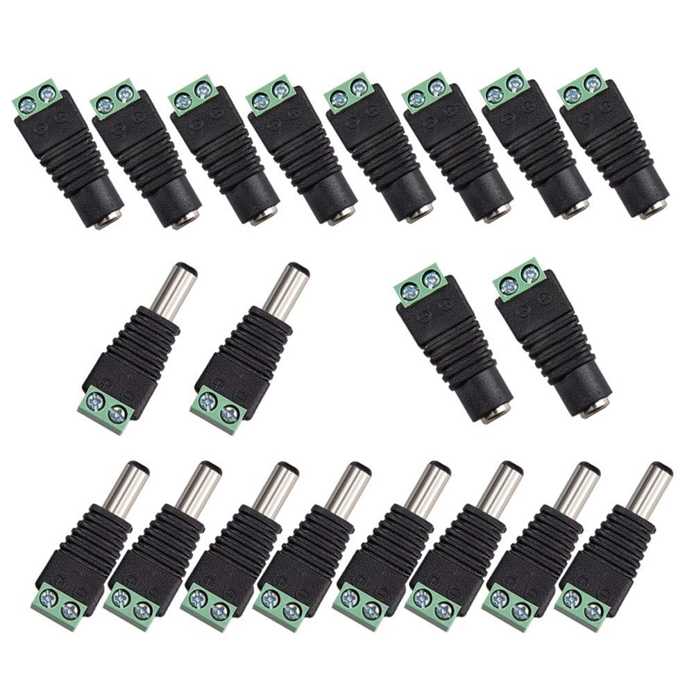 Senven 20Pcs Professional 5.5 X 2.1mm DC Connector, 10-Pair Male and Female Socket Kit, 12V DC Socket Power Connector Adapter for CCTV Camera LED Strips