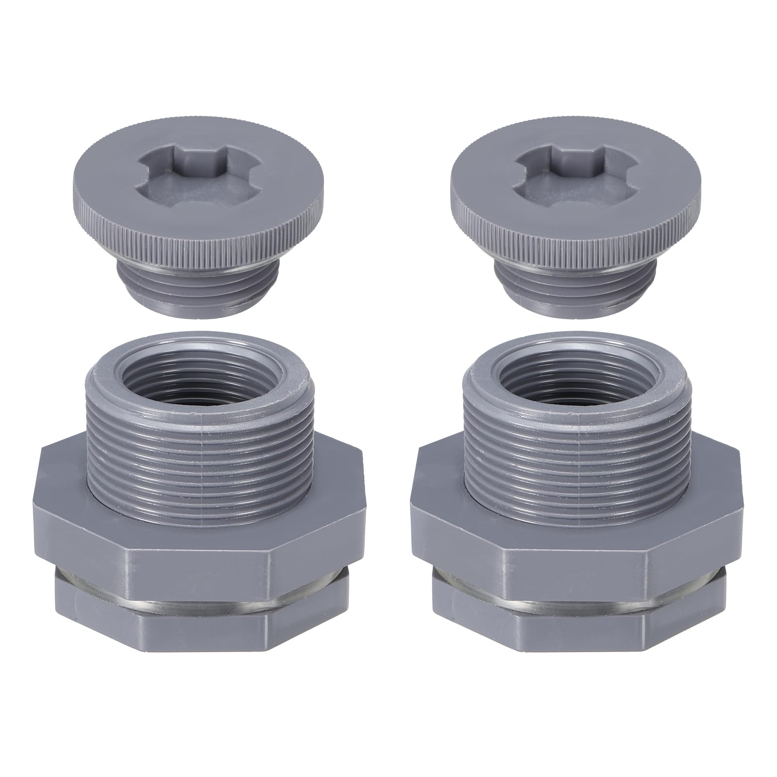 PATIKIL PVC Bulkhead Fitting with Plug NPT1, 2 Pack Bulkhead Water Tank Connector with Silicone Seal Gasket Garden Hose Fitting with Plug for Rain Bucket, Sinks, Aquariums, Gray