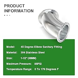 TAISHER 2PCS 304 Stainless Steel 1.5" Tube OD 45