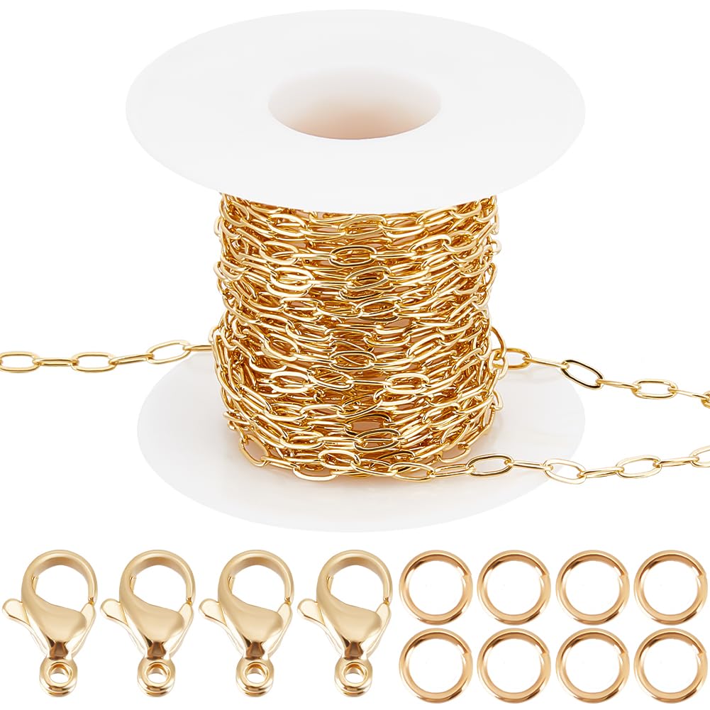 Beebeecraft 1 Box 5M 16.4 Feet Jewellery Making Chain 18K Gold Plated 6mm Oval Chunky Link Necklace Paperclip Chains with 20Pcs Lobster Claw Clasps 50Pcs Jump Rings for Bracelet Making