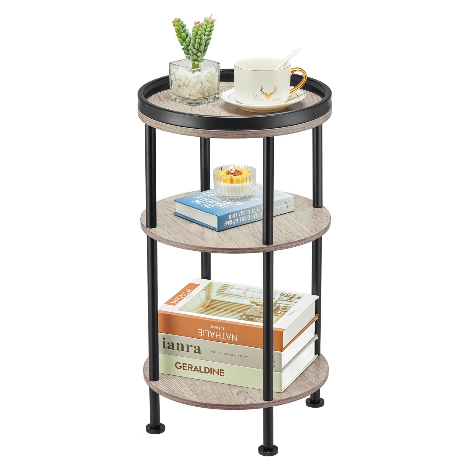 YEAKOO Small Round Side Table for Small Spaces, 3-Tier Round Accent Table Slim Side Table, Modern Sofa Corner Table for Living Room Nightstand Bedroom,Oak