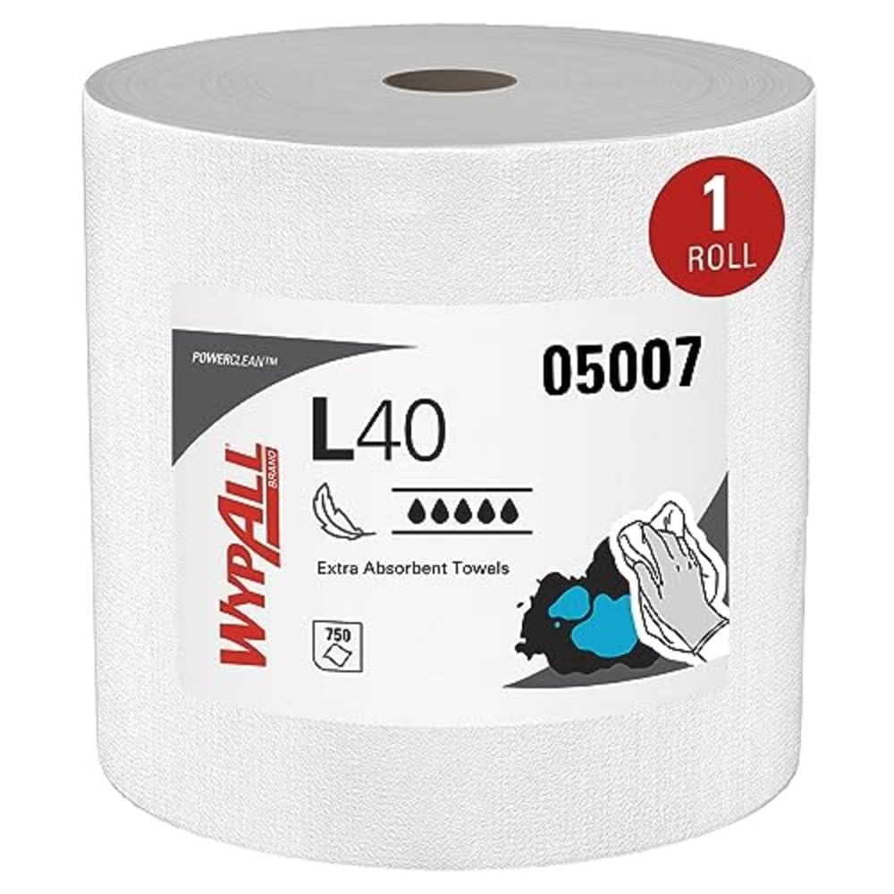 WypAll L40 Power Clean Industrial Wipers 7452, High Absorbency, DRC Technology, 1-Ply Roll Format,1 Roll x 750 White Wipes (750 Total)