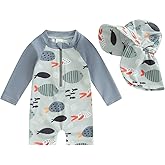 Infant Baby Boys Swimsuit One Piece Long Sleeve Rash Guard Zipper Bathing Suit Swimwear with Sun Cap Beachwear