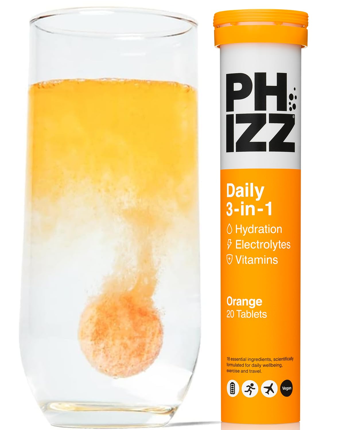 Phizz Electrolytes, Multivitamin & Hydration Tablets - 20 Effervescent Rehydration Electrolyte Tablets - 18 Vitamins & Minerals, Vitamin C, Vegan, Vegetarian & Low Calorie (Orange, 20 Count) — image 1