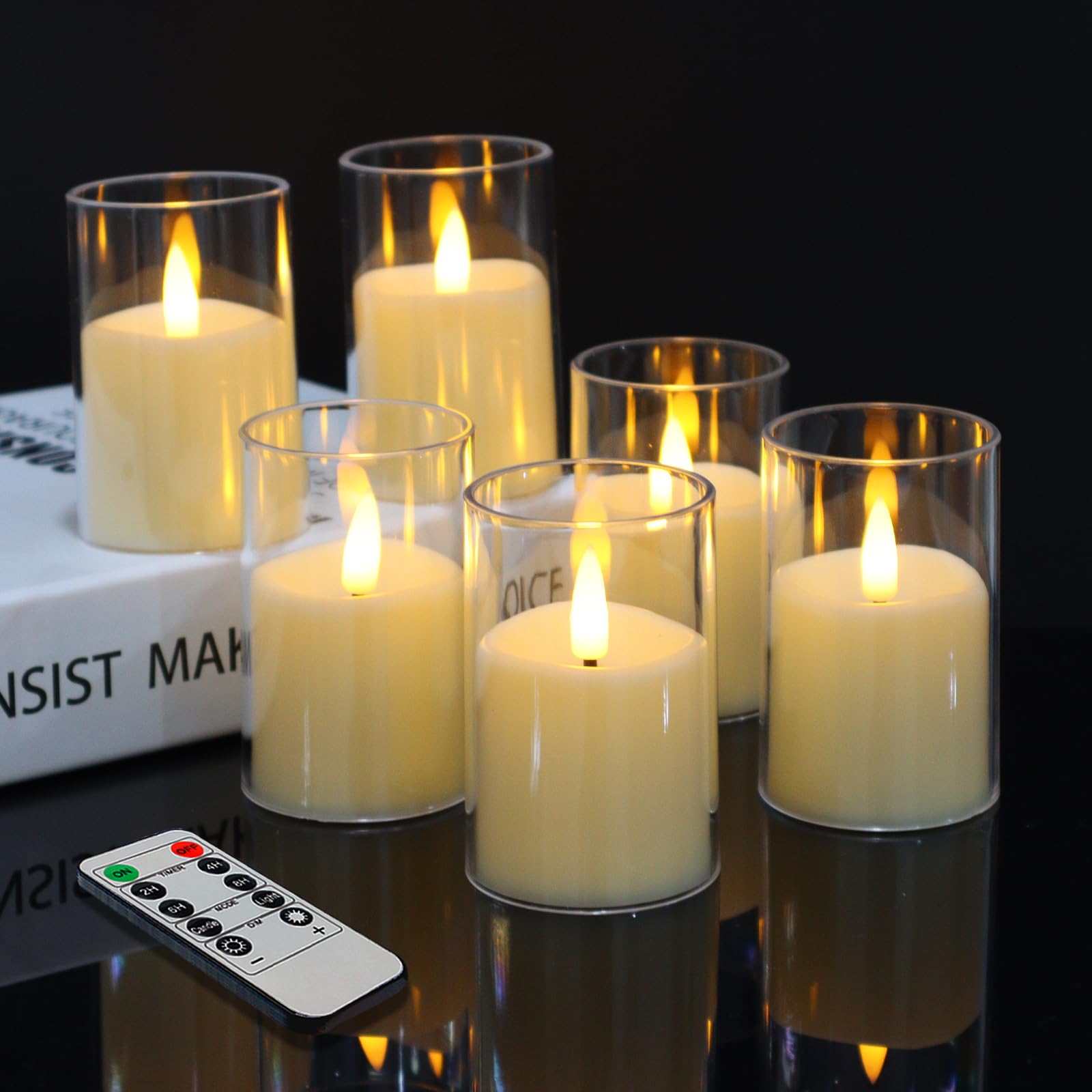 Photo 1 of Kuandawei 6 Pack Flickering Flameless Votive Candles with Timer and Remote, Battery Operated Long Lasting 300+ Hours, Small Pillar LED Fake Candles for Wedding Home Decor, Acrylic Shell, 2" x 3"