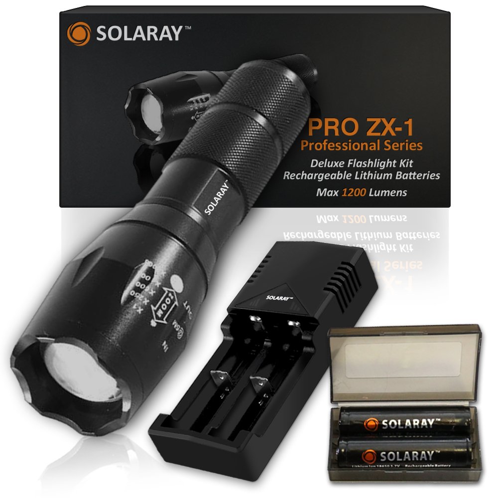 SOLARAY Handheld LED Tactical Flashlights – Professional Series ZX-1 Kit – Super Bright High Lumen – 5 Light Modes, Adjustable Focus, Outdoor Water Resistant – Rechargeable Battery, Charger