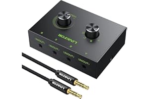 LiNKFOR 4 Port 3.5mm Stereo Audio Switch, 4 Way Stereo Audio Selector, 4 Input 1 Output / 1 Input 4 Output Audio Splitter with Volume Control and 4 Channel Switch Knob