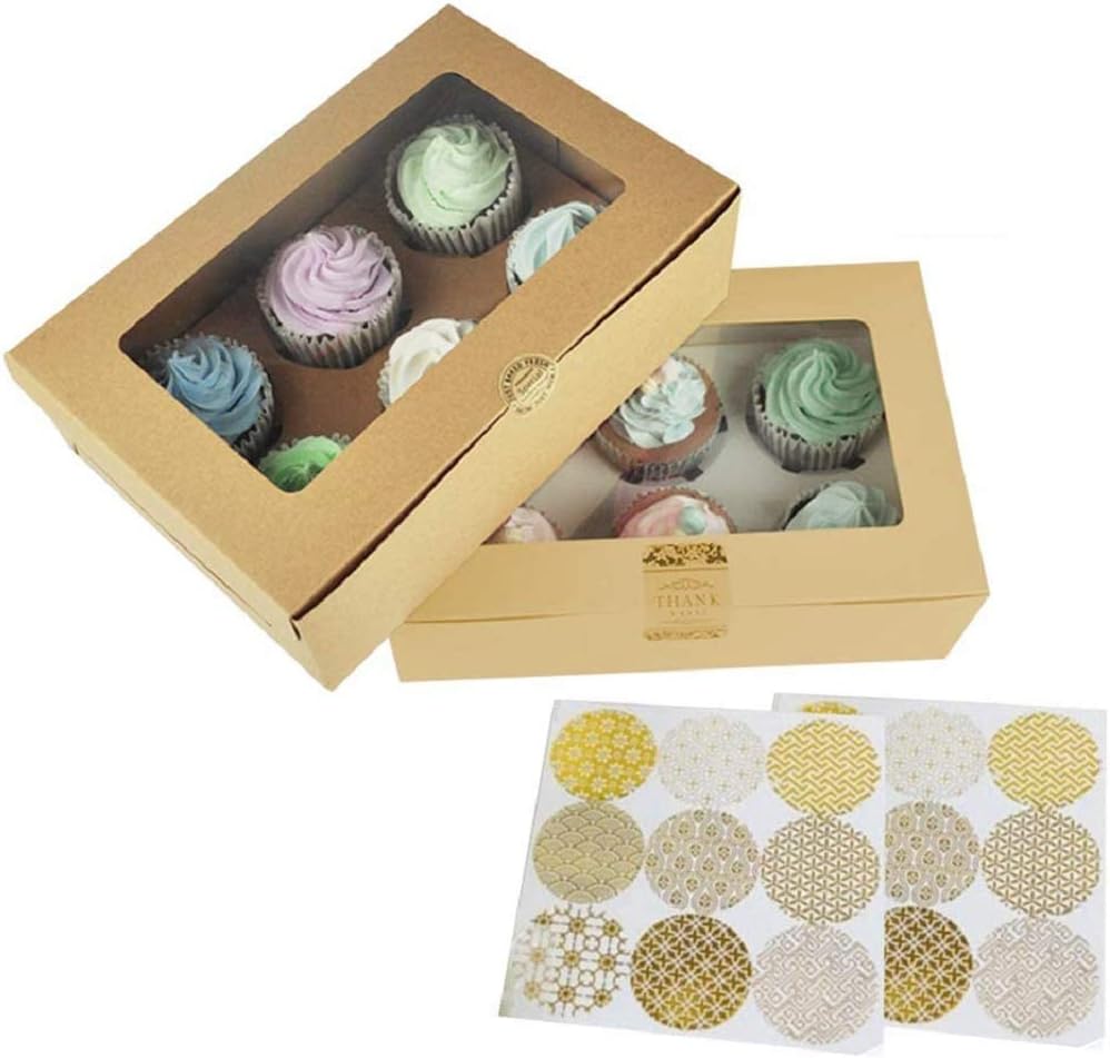 Bakery Cupcake Boxes and Cake Carrier - Pastry and White Cookie Box，6 Treat Holder Storage Boxes，Kraft Cake Box with Stickers and Window，Cup Cake Baking Cups，HUATK (16 kraft)