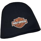 Harley-Davidson Mens Embroidered Bar &amp; Shield Knit Beanie Cap, Black Hat
