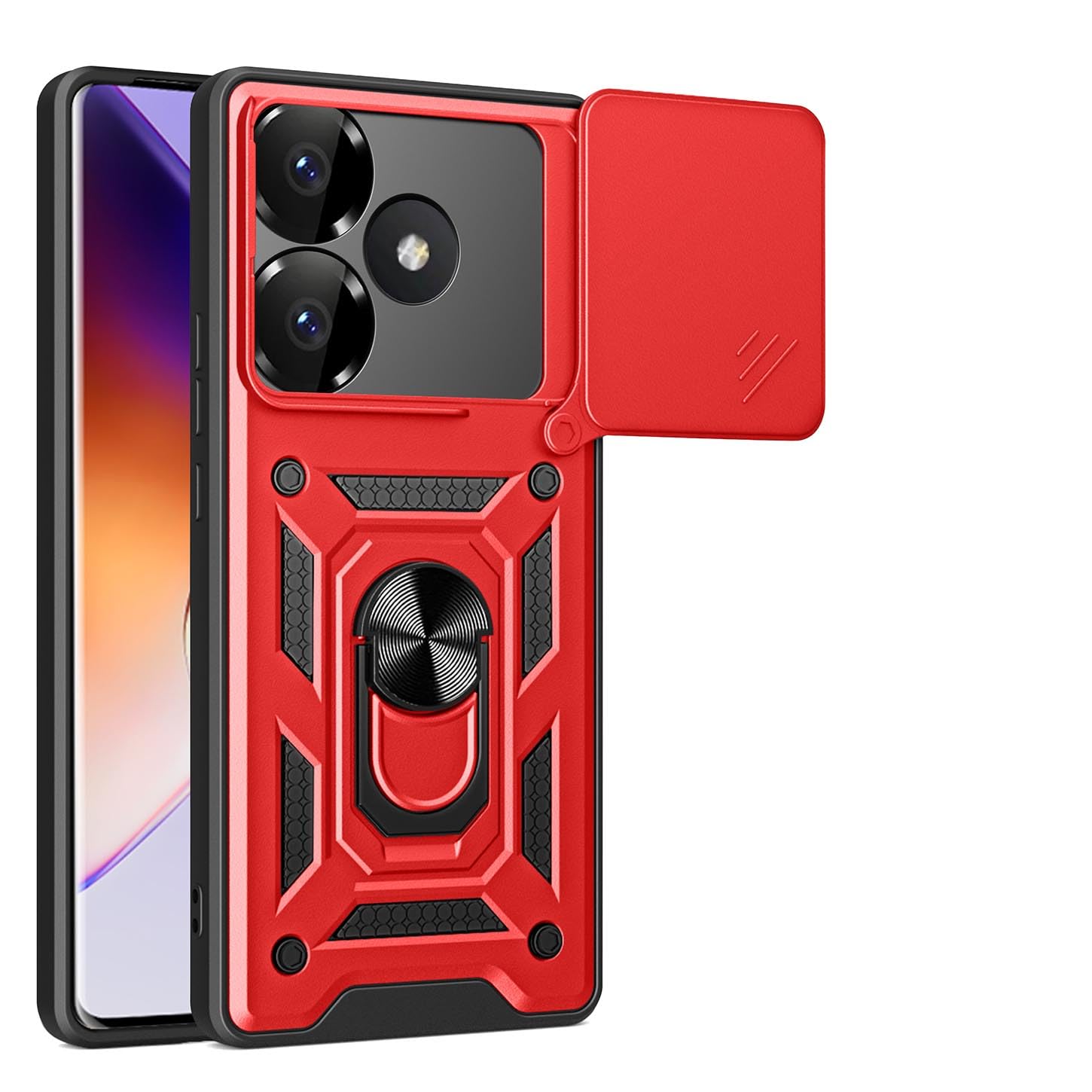 ILING Case for Xiaomi POCO F6 5G, Ultra-thin Matte Texture Hard PC + Soft Silicone TPU Bumper Shockproof Heavy Duty Cover, with Ring Kickstand and Slide Camera Cover (Red)