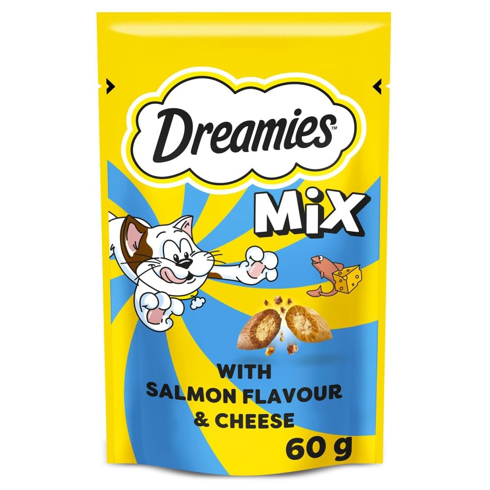 Dreamies Cat Treats, Tasty Snacks with Scrumptious Salmon and Delicious Cheese, 8 Pouches of 60 g