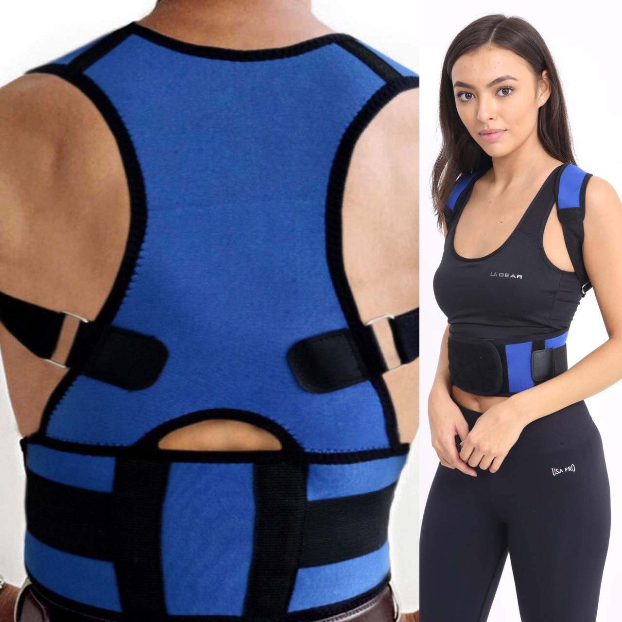 Posture Corrector Deluxe, Magnetic, Adjustable Straps, Neoprene, Four Colours (Large, Blue)