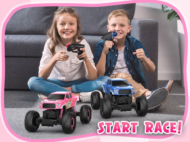 Double E Raptor F150 RC Car 4WD 2 Motors Monster Trucks for Girls, 11 Inches Off Road Crawler Vehicle Truck Toy with Rechargeable Battery Gift for Kids 6 7 8 9 10 11 12 Years-Pink