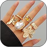 GLMOCM Chunky Gold Rings for Women Adjustable Stackable Statement Rings Set Baroque Pearl Flower Ring Knuckle Ring Chunky Jewelry Gift for Women