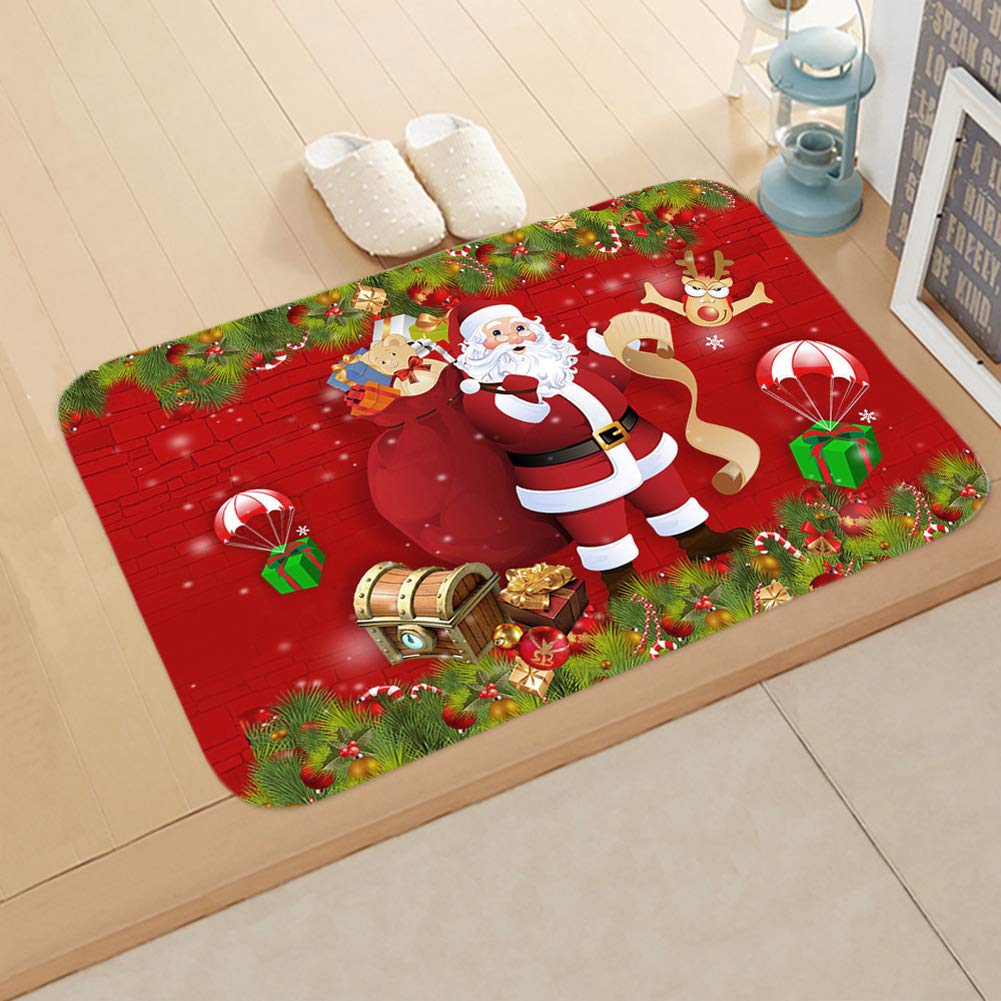 Qchomee Christmas Flannel Door Mats Carpet Santa Claus Printed Non-slip Bath Mats Soft Floor Rug Mat for Living Room Bedroom Hallway Kitchen Rugs Home Decor 40×60cm