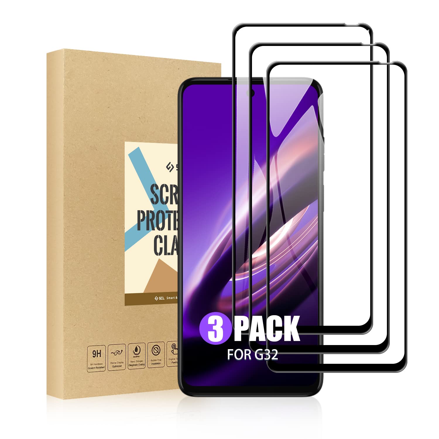 SCL Screen Protector Compatible with Moto G32 Screen Protector Motorola G32 Tempered Glass Film [3-Pack], [Full Coverage, Easy Installation, Bubble-free, 9H Hardness]