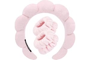 TETIZO Spa Headbands for Washing Face Makeup Wristband Set, Sponge Bubble Skincare Headbands, Puffy Terry Cloth Hairband for Women, Skin Care Makeup Headwear Hair Accessories for Girls (Light pink)
