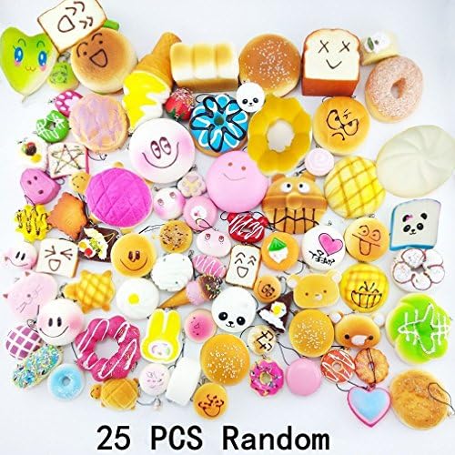 25PCS Squishy Slow Rising Kawaii Soft Squishy Children Toy Flatback Panda Bread Buns Toasts Foods Phone Straps Chain Holder Charm Jumbo Random Large Medium Mini