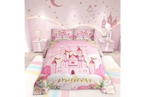 Princess Twin Bedding Sets for Girls,Pink Castle Dreamy Comforter Set Kids Bedroom Decor,Flowers Garden Princess Bed Set,Fair