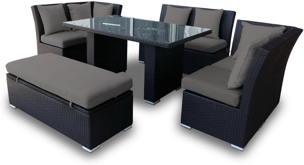 Jamaican Outdoor Wicker Patio Furniture Sofa and Dining Set Combination in Black Wicker with Light Gray Cushions