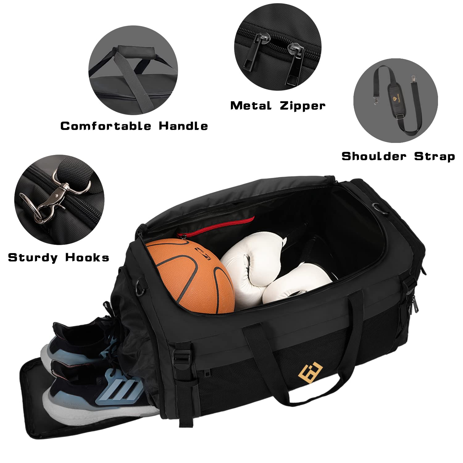 Eackrola Large Sports Gym Bag, Travel Duffel bag with Wet Pocket & Shoes Compartment for men women, 65L, Lightweight（Black）