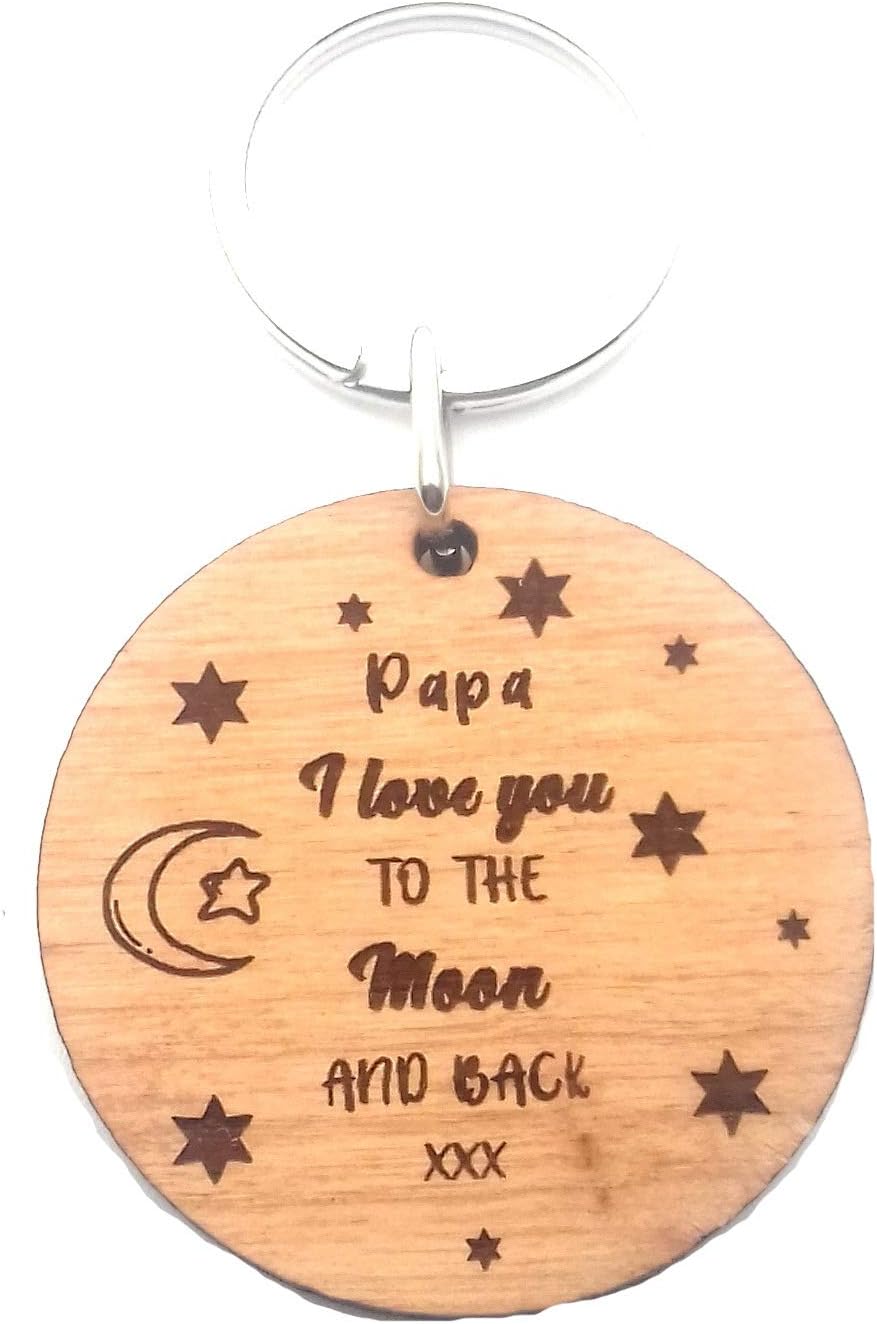 Papa I Love You to The Moon and Back Round Wooden Keyring Key Ring Novelty Gifts Presents Christmas Birthday Fathers Day Keepsake from Granddaughter Grandson for Men