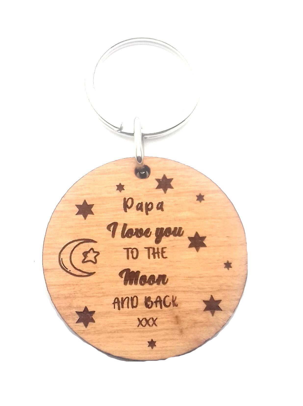 Papa I Love You to The Moon and Back Round Wooden Keyring Key Ring Novelty Gifts Presents Christmas Birthday Fathers Day Keepsake from Granddaughter Grandson for Men