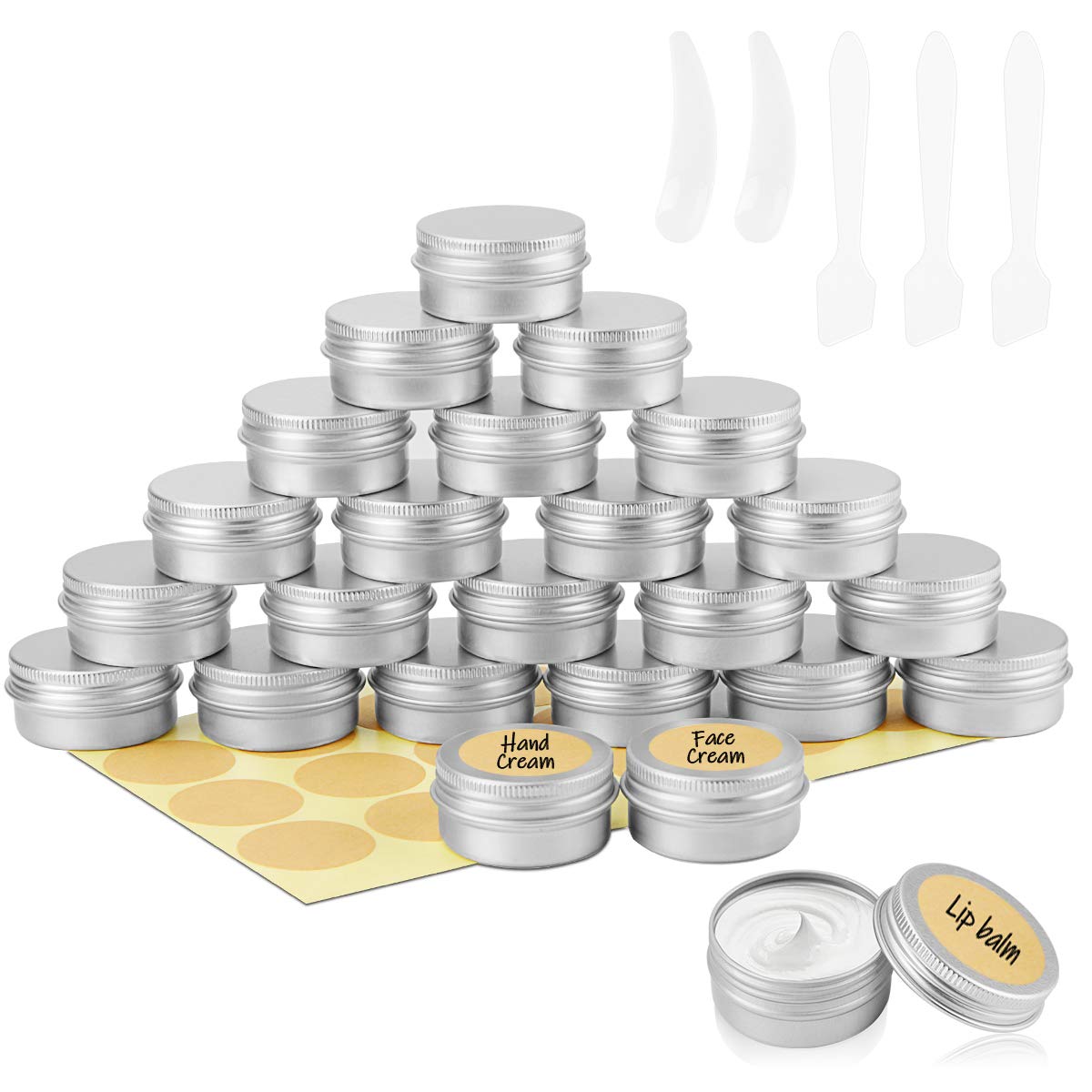 BELICOO 24 Pcs Aluminum Tin Jars, 20ml Cosmetic Container Pots with Screw Lids, Labels and Mini Spatula for Cream, Candle, Sample, Powder, Makeup Storage (Silver)
