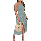 CHICME Womens Summer Halter Dress Hollow Out A Line Vacation Dresses with Eyelet Embroidery & Side Slit